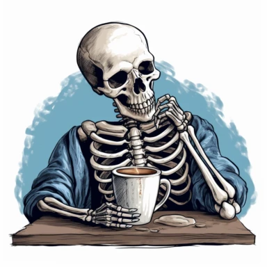a clipart of a tired skeleton drinking hot cup of coffee trying to stay awake, vintage style, clear transparent background