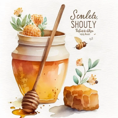 honey pot and stick watercolor clipart, white background, single image