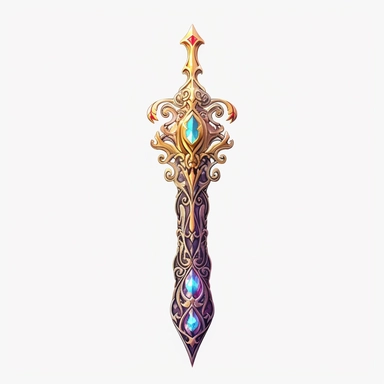 Create a mesmerizing clipart of a legendary sword against a pristine white background. The sword should be forged with exquisite craftsmanship, with an adorned hilt featuring intricate patterns and gemstones. Depict a radiant glow along the blade, hinting at its mythical powers.