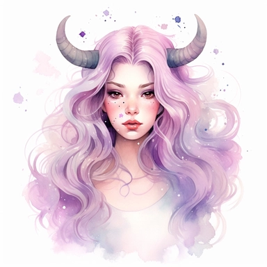 Cute zodiac sign Taurus, long hair, pastel colors, white background, fashion illustration, watercolor splash with galaxy elements, clipart, by Jack Hughes