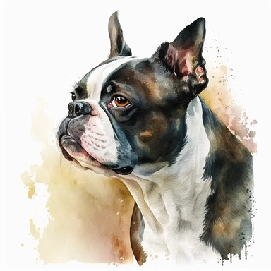 a watercolor painting of a Boston Terrier, clipart, white background