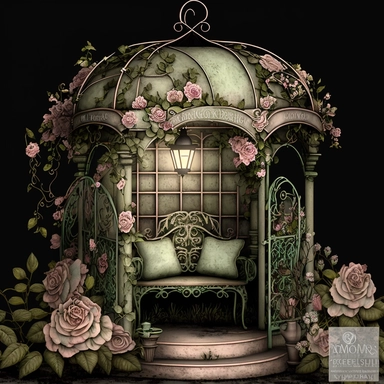 fantasy rose evening garden with antique wrought iron bench and gazebo, soft pink and green and khaki colors, romantic, clipart style, shabby chic, ethereal