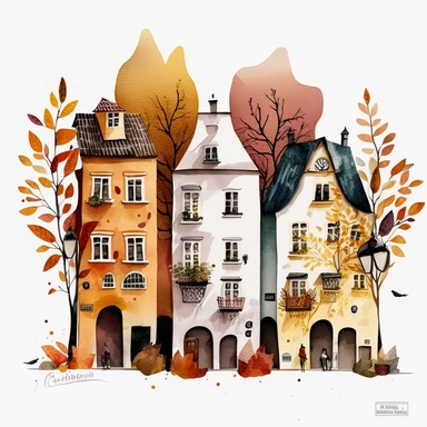 Very very cute and Whimsical houses in a row on the street of Vienna, Austria, beautiful, colorful, in autumn colors, Watercolored illustration in the style of Michael Powell, clipart, 3D, white background - Q2