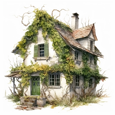 vintage house with vines wrapped around, flowers. moss clings to, illustration clipart, high detailed, white background, digital art