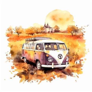 watercolor romantic sunset style volkswagen bus clipart on Martha's winyard, there is a wineyard in the background, the car is on a dusty road, the background is emphasized, realistic wineyard, clipart, white background
