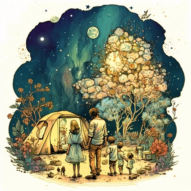 (perfect body figure) of a cute loving American family of 4, camping in a magical BEES GARDEN under starry night (a perfect close-up single-point-perspective view from the back) with its own habitats (flowers and plants) made into a natural-heart-shape, vintage in watercolor style clipart, use darker tones, higher saturation colors, Banksy artstyle with minimal effects, super creative watercolor, white background
