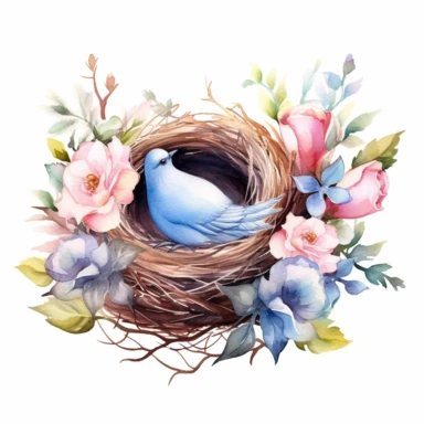 realistic Watercolor floral Nest with bird egg and bird Clipart, be creative and detailed, white background
