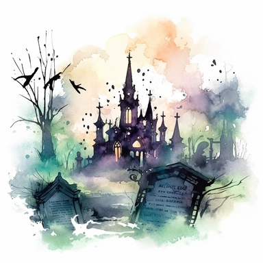 isolated clipart showcasing a spooky gothic haunted graveyard, graveyard appearing as if it were taken from a fairy tale, adorned with ornate tombstones, turrets, and ivy-covered walls, their silhouettes casting elongated shadows on the mist-covered ground below, the forest enveloped in an otherworldly glow, watercolor painting, ethereal washes of color capturing the magical atmosphere,