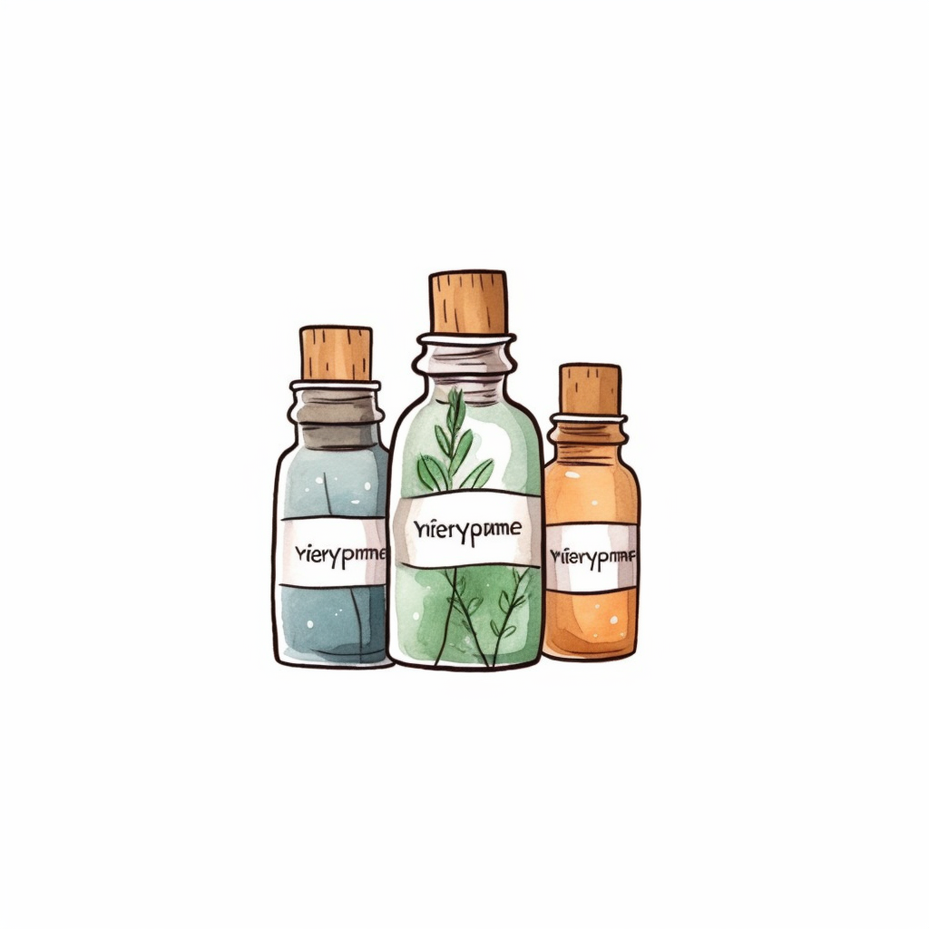 a watercolor sticker of a few bottles of essential oils. Watercolor ...