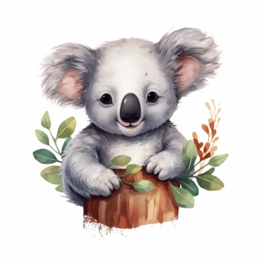 cute Koala Clipart sitting and smiling in the style of oil painting, on a white background