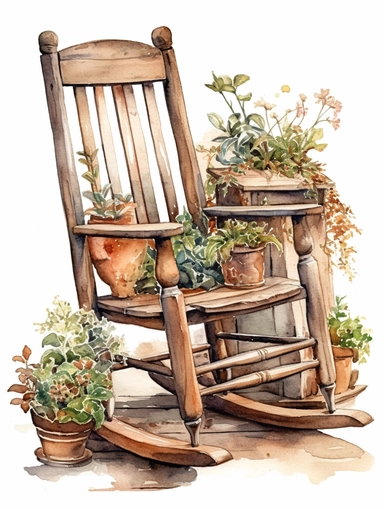 watercolor, vintage, country, wood rocking chair with beautifully carved arm rests and flower pots next to it, on white background, clip art