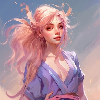 <happy> <pastel> elf elven woman with pointy ears, golden hair in a hair clip messy hair, light purple and pink flowing clothing summery airy clothing, desert clothing, bright blue eyes, high fantasy concept art illustration painting