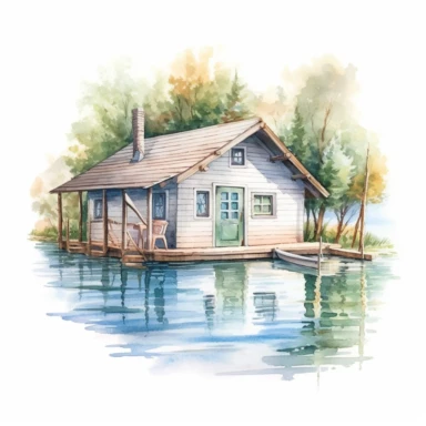 watercolor, hyper realistic, white background, white margins, 16k, ultra detailed clipart, cut out image, hand-drawn a charming lakeside cabin, with pastel-colored walls, a peaceful setting, and a small dock. Soft pastel shades inspired by nature, such as pale blue, mint green, lavender, baby pink, and light yellow