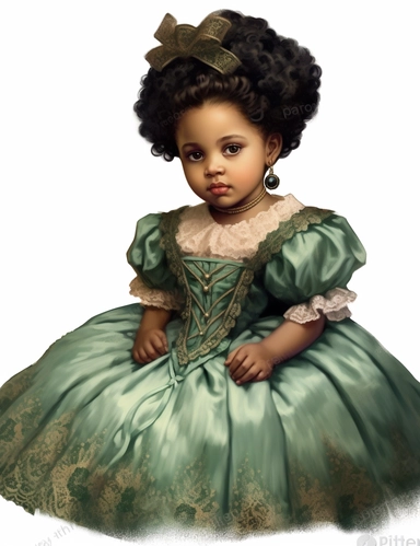 gorgeous african american baby girl with green eyes in vintage victorian dress, clipart, Composition: Relaxed position with intricate high hairstyle, Style: gothic, white background, hyperrealism, 32k