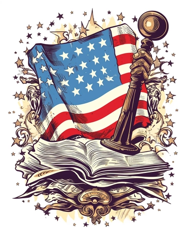 Develop a clipart illustration featuring the constitution on a white background that can be used to create unique 4th of July american themed designs. flat image in clipart style. The design should include tha elements of american flag relevant to the 4th of July celebrations
