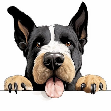 a color drawing of a smiling full face and neck Giant Schnauzer dog peeking paws over a black line, white background, clipart