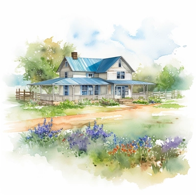Visualize a clipart-style watercolor illustration of a detailed farmhouse surrounded by wildflowers on a summer day, set against a clean white background. Render the ranch-style farmhouse, painted with vivid blues and bright greens against a clean white background. The composition should focus on the sprawling, horizontal layout of the ranch house, capturing its simple, rustic charm. The composition should place the farmhouse centrally, emphasizing its intricate details and summer vibrance