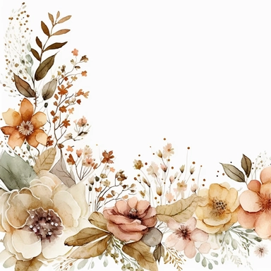 watercolor spring flower border, clipart isolated on clear white background, brown, peach, and cream, boho, lithograph, 32k uhd, textural