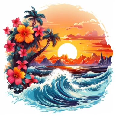 artwork majestic palm tree in digital painting style, beautiful flowers, sunrise mountains and clouds, big sea waves japanese style, water splashes, white background, colorful fantasy flower surround, highly detailed clean, vector image, photorealistic masterpiece, professional photography, realistic, flat white background, isometric, vibrant vector, clipart, illustration, realism, 4k, cinematic, front view, white background