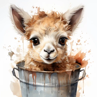 Illustrate a high-focus watercolor clipart of a baby Llama's face in a close-up view, sitting inside a pot, using ultra HD image quality to highlight its cuteness and create a delightful and charming artwork