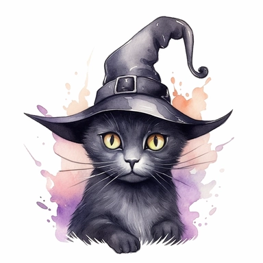 Cute Witches black cat wearing witch hat, ink and wash, watercolor Clipart, style by Lucy Fleming, watercolor, smooth gradients, black contour outline, ultra detailed, clipart elements, delicate pastel colors, solid white background, super clear, high quality