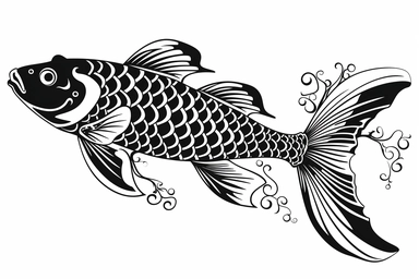 fancy koi fish 2d flat black scales and white highlights on white background, svg clipart style, high quality, line art, silhouette, detailed