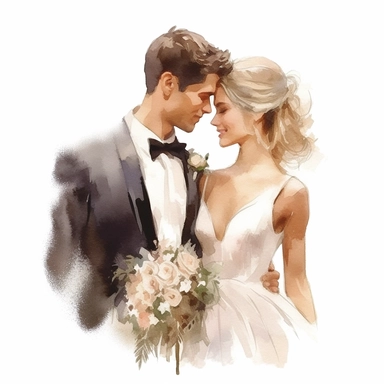 Wedding bride and groom, clipart, white background, in the style of elegant realism, muted and subtle tones, detailed painting, transparency and lightness