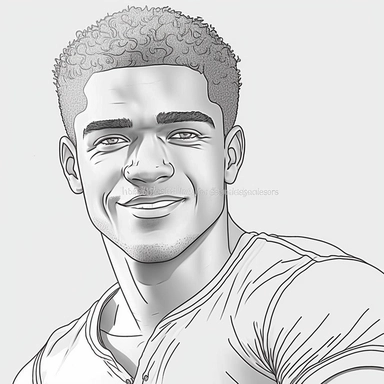 monochrome classic coloring book page of full body head to toe clipart style of smiling, handsome African American man with smooth skin no blemish, he has round detailed eyes, chiseled face with hair, hyper realistic, hyper detailed, hair is short curly clean cut, wearing a full leisure outfit, line art, 8k polished focused photography, there is no background on this image
