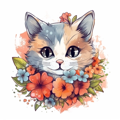 a clip art of a cute kawaii cat face surrounded by wild flowers watercolored