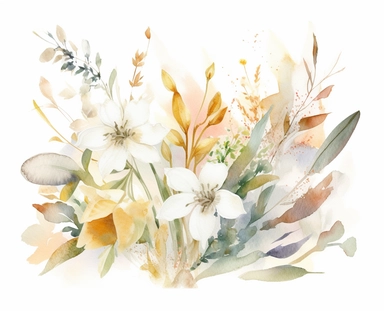 watercolor flower clip art for april, in the style of dreamlike composition, white background, ethereal foliage, show only one foliage per image, luxurious fabrics, pictorial dreams, beige, use of bright colors, poetic pastoral scenes