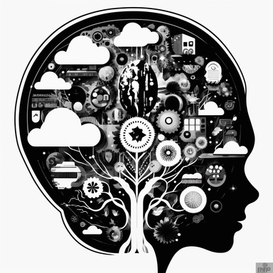 clipart of a brain which is also full of diverse common everyday items and people. Beautiful, surreal, abstract, flat, manga style, black and white, round image borders