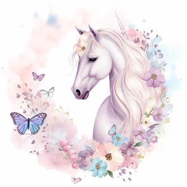 A horse clipart design for girls with a soft and girly color palette of pastel colors like pink, purple and blue to create a dreamy atmosphere. The horse itself is majestic and has a long flowing tail and mane that move in the wind. Flowers and butterflies surround the horse and give the design a romantic touch