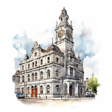 Isolated images, illustrations on a white background, City Hall Dulbin in Ireland, Clipart, watercolor, realistic, isolated, full building, highly detailed, hdr, 32K, photo expert quality, watercolor realistic, hyperrealistic and highly detailed, isolated on a white background