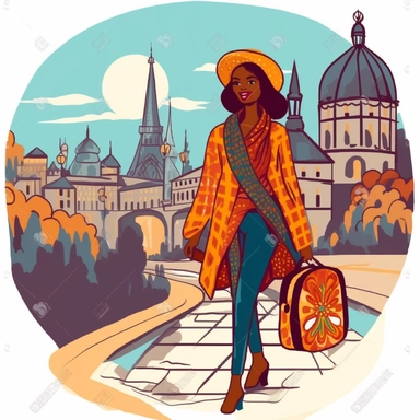 clipart of african american woman traveling through europe. white background