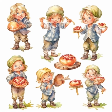 multiple poses characters of pie apple put on the garden, watercolor in medieval cartoon grunge style clipart on white background