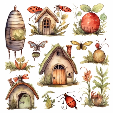 Watercolor boho backyard insect house , illustrations clipart set, simple, soft colors, cartoon elements, different variants, insects, ladybug, ants, grasshopper separate elements with a margin