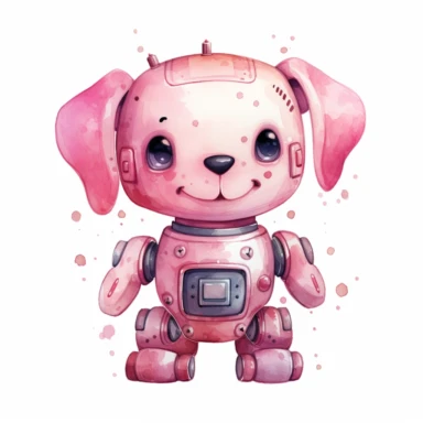 watercolor kawaii pink robot dog clipart on a white background