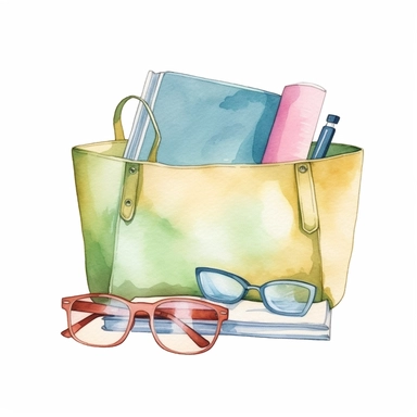Watercolor A stylish beach bag filled with essentials like a towel, sunglasses, and a book clipart, Minimalist, isolated white background, 8k