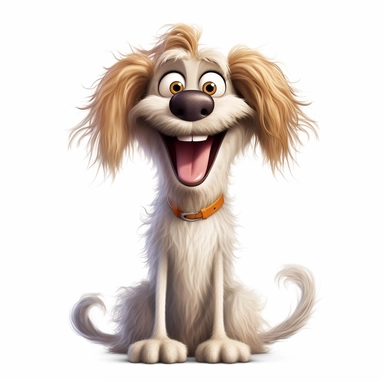 a really skinny cartoon dog with big smile, hair frizzed out, funny, full body image, pixar style, clipart, white background