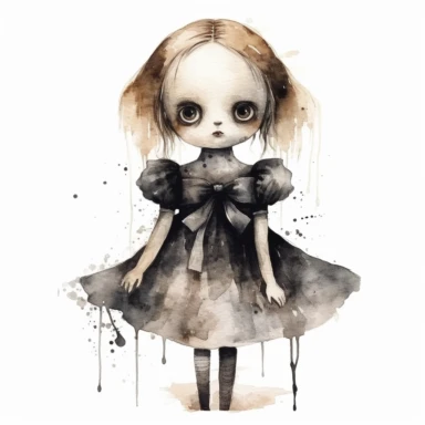 mystical dark scary watecolor halloween evil horror doll clipart, hd 4k, detailed, focused, isolated on white background