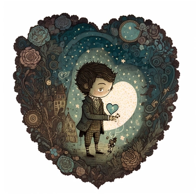 dark academia, heart, fairytale, folk art, Mark briscoe , watercolor, white background, clipart, cute, illustration, comic, glitter, magic