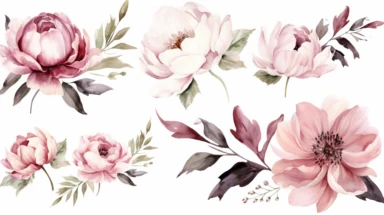 Watercolor flowers clipart. Peony floral set. Pink, white, burgundy flower and leaves. Illustration for greeting card, DIY wedding invitation, bridal showers, baby showers, printable home decor