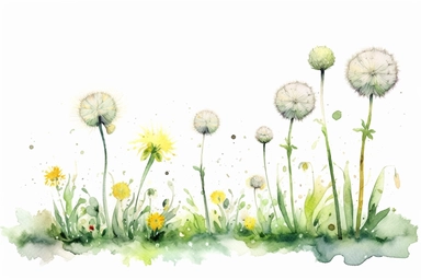 Watercolor dandelion and clover, standing in a group, solid background without color blot, clipart, high quality, 8k