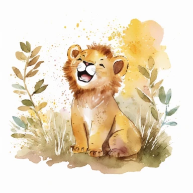 The watercolor clipart illustration shows a baby lion playing in a natural setting. The background is a white space to keep the focus on the cute baby lion. The colors are warm and inviting, with shades of yellow, brown, and white. The baby lion is depicted in a playful and happy way, with its mouth open in a smile and its paws stretched out. This would be a perfect watercolor clipart for kids to enjoy and learn about lions.