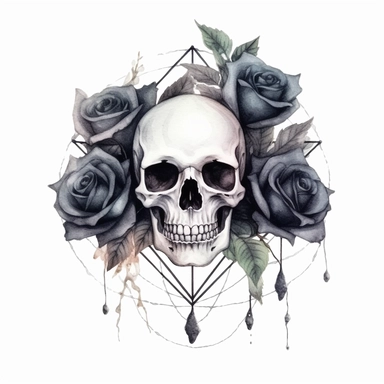 watercolor A clip art image featuring black gothic roses with skulls and webs isolated white background, minimalist, 8K