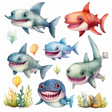 watercolor set of baby shark clipart, for kids book, white background, HD, Color, Cartoon