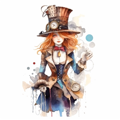An alice in wonderland character , watercolor steampunk style, white background, clipart