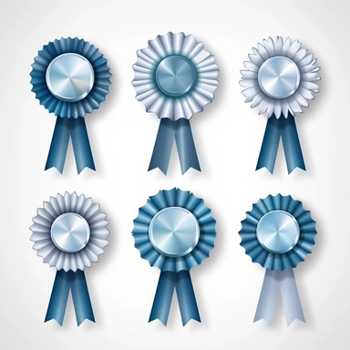 minimalist handrawn rosette satin award ribbon illustration blue clipart set on white background