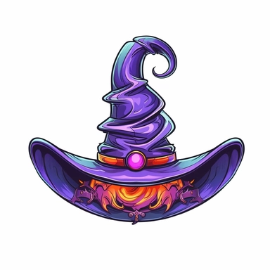 A spooky witch hat with a wide brim, tall with a curved point. The hat is adorned with a colorful band and a decorative buckle, giving it a touch of charm. White background, vector, cartoon clipart, contour.