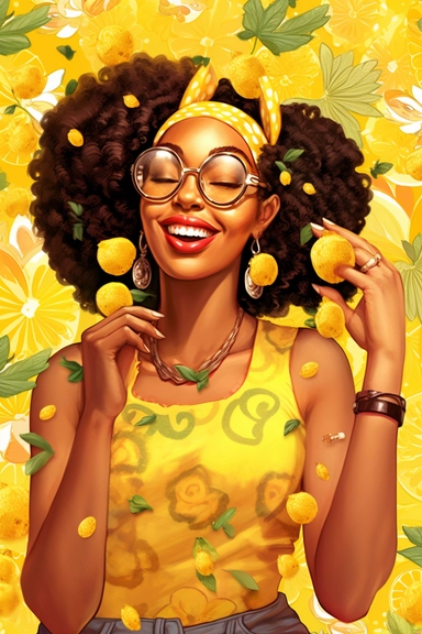 gorgeous joyful black woman, clipart, cartoon illustration, christa mckenzie pose and head pose photos a new lemonade business website, in the style of vibrant lemon and floral backdrops, synthetism-inspired, pop cultural, 32k uhd, smilecore, embroidery art, bold curves